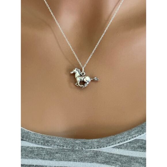 Sterling Silver Oxidized Galloping Horse Necklace, Horse Charm Necklace - Picture 4 of 4